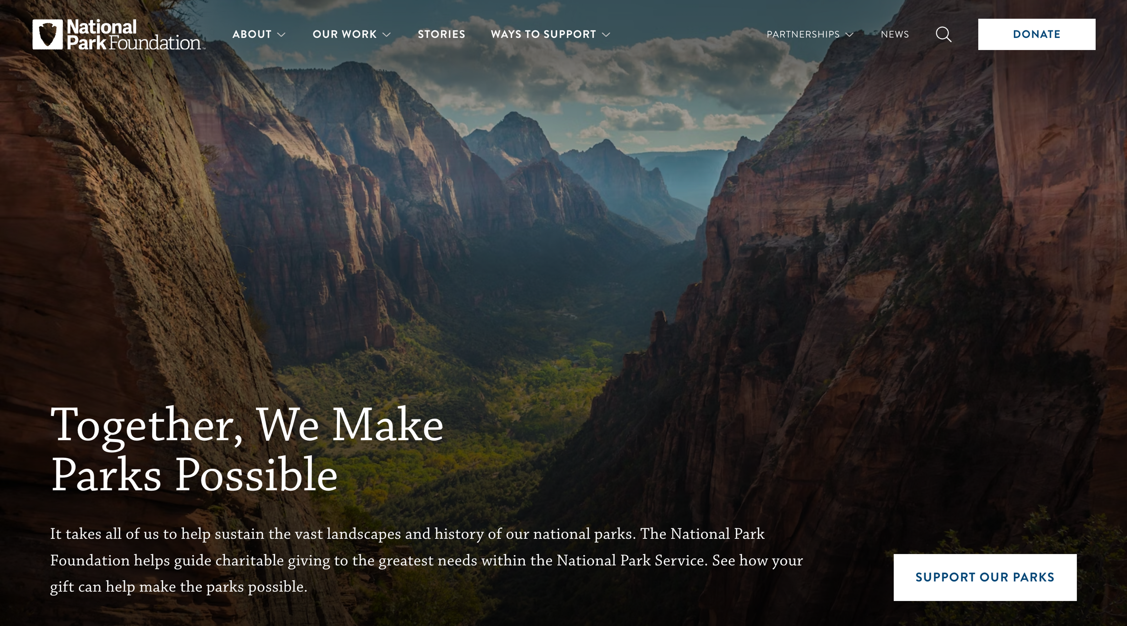 Screenshot of the National Park Foundation home page. The header contains the National Park Foundation logo, the site navigation, a search button, and a large 'Donate' button. The hero section provides an introduction to the site and has a large 'Support our parks' call-to-action button. There is a background image of mountains across the whole screen.