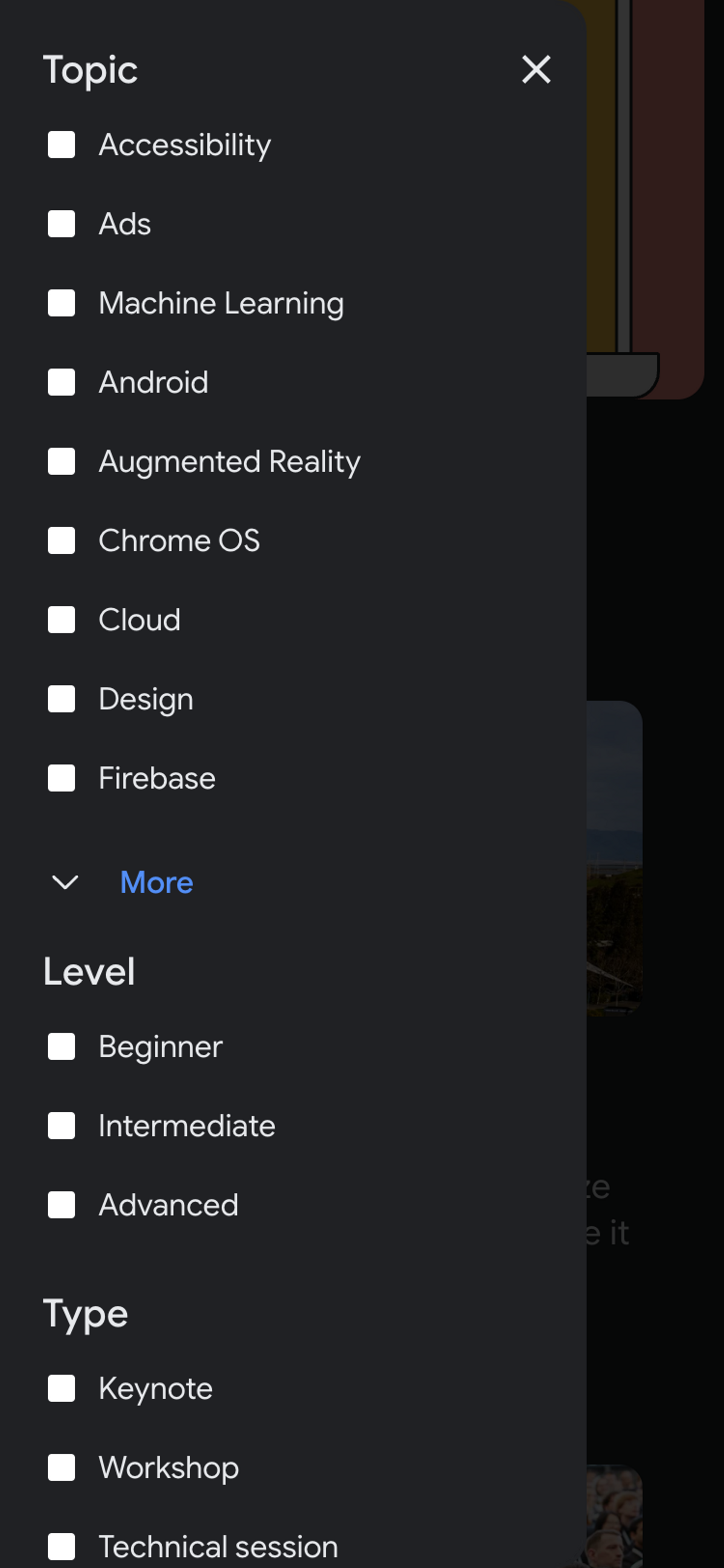 Mobile screenshot of the Google I/O 2022 program filters overlay. The overlay contains a list of filters such as 'Topic' and 'Level'. Each filter has a list of checkboxes.