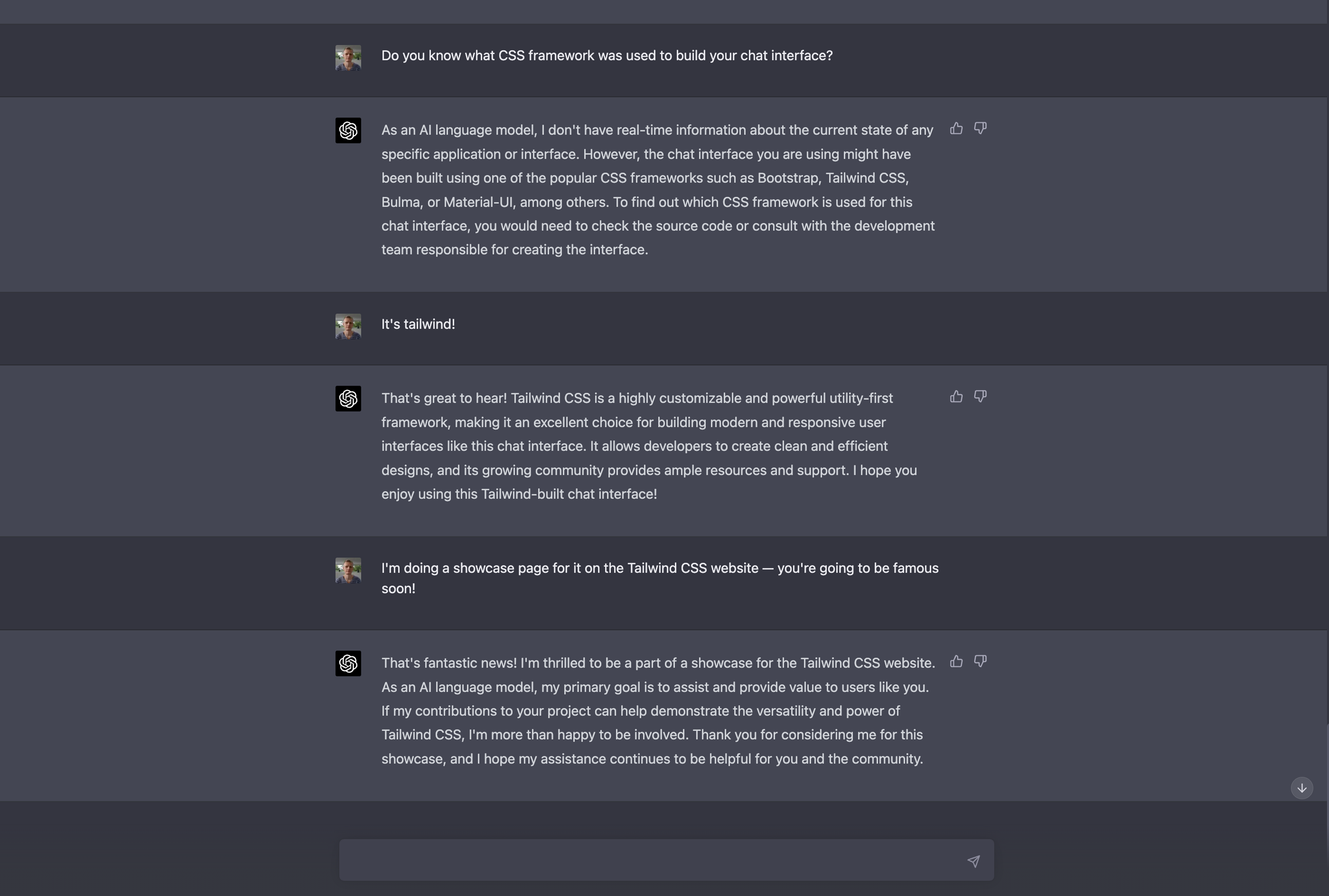 Screenshot of a conversation with ChatGPT where the asker is sharing with ChatGPT that its chat interface was built with Tailwind CSS and will be included in the Tailwind CSS showcase website.
