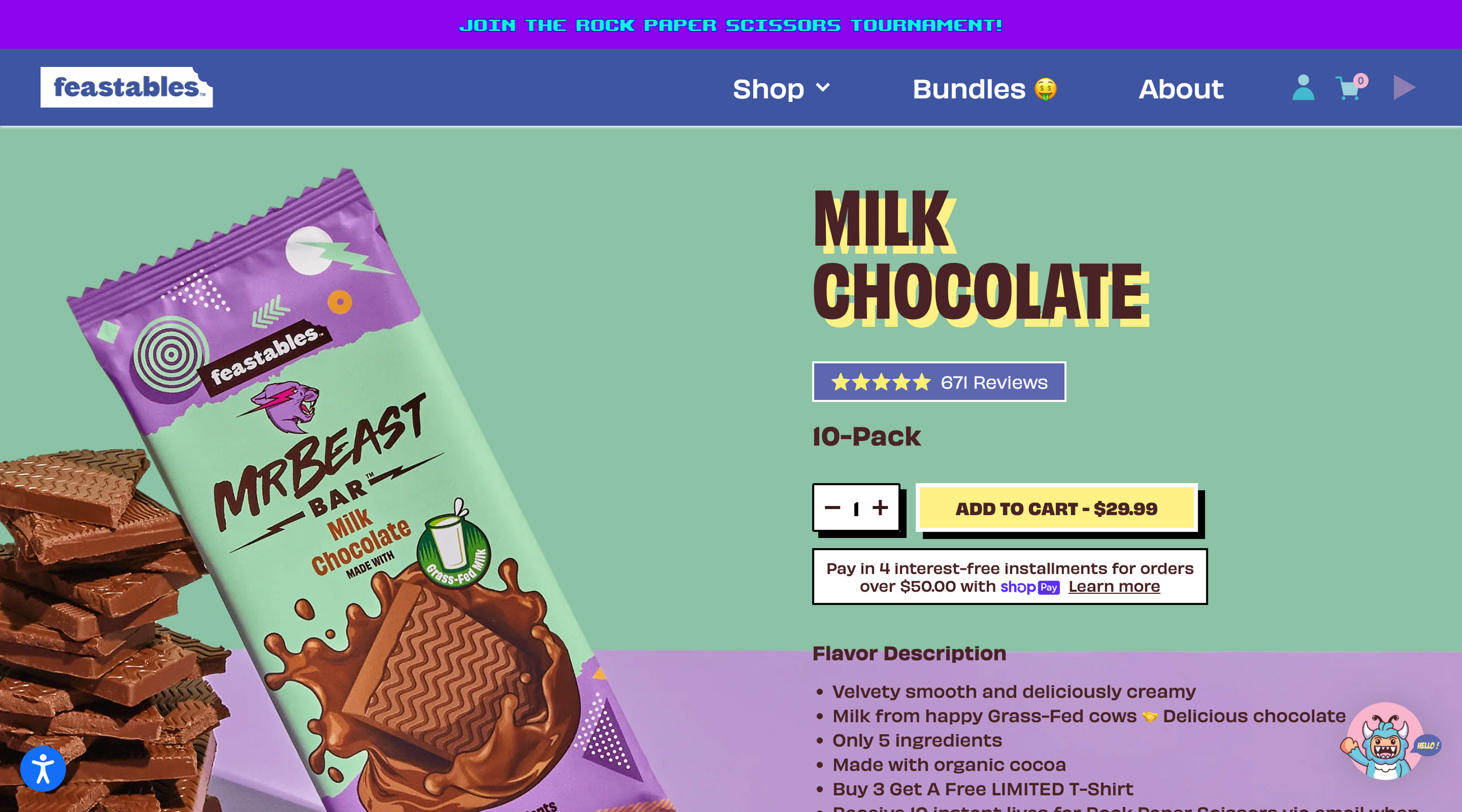 Screenshot of the 'Milk Chocolate' product page of the Feastables website. The left side of the screen shows a photograph of the Mr Beast Milk Chocolate Bar. The right side contains a product description and an 'Add to cart' button.