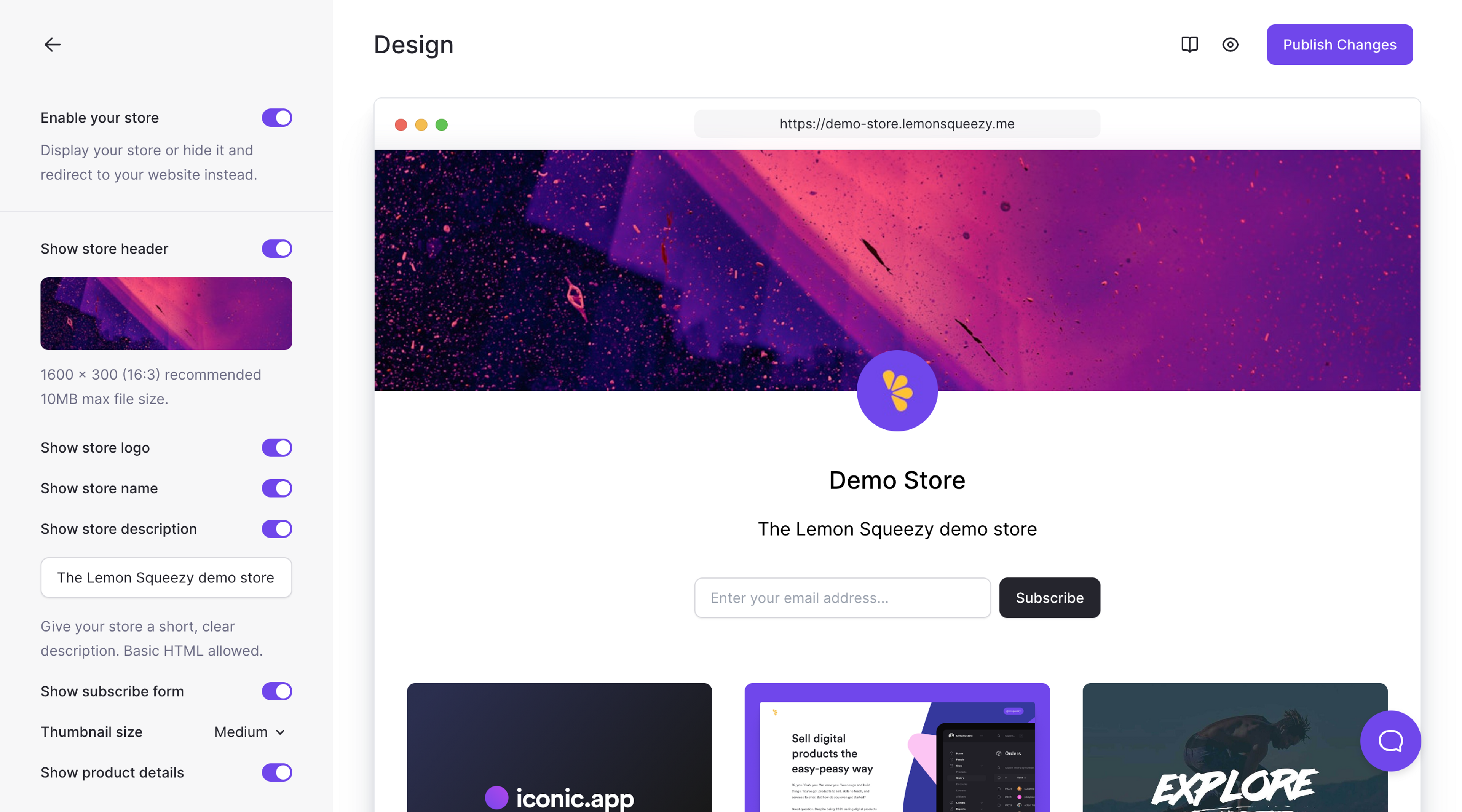 Screenshot of the Lemon Squeezy store designer. To the left is a sidebar menu with various settings for the store that can be toggled on/off. To the center and right is a live view of what the store looks like embedded in a fake browser window. There are also buttons to preview and publish changes.