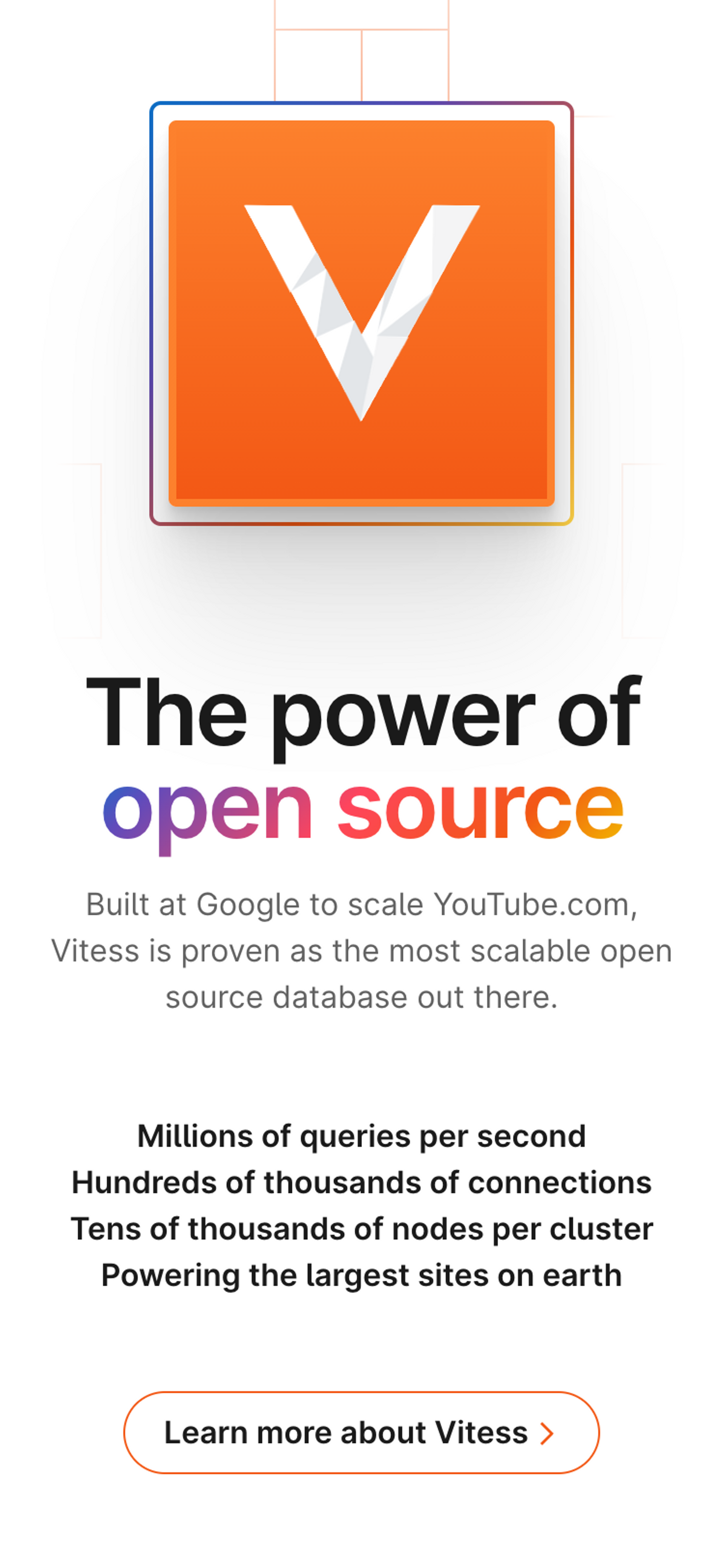 Mobile screenshot of the PlanetScale website. The visible section has a large Vitess logo and a large title, 'The power of open source'. The section lists some features of Vitess and has a call-to-action labelled 'Learn more about Vitess'.