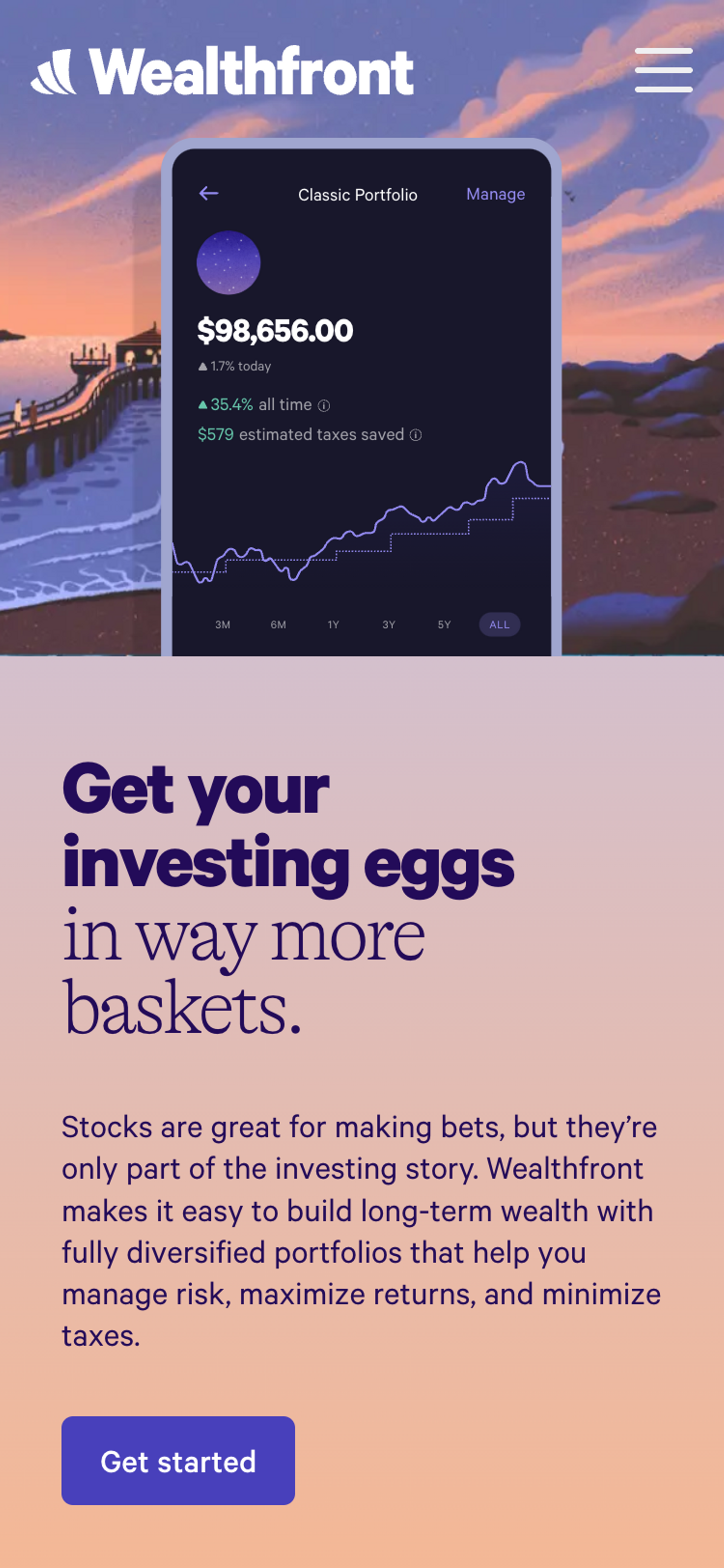 Mobile screenshot of the Wealthfront website. The header contains the Wealthfront logo and a menu button. At the top of the screen is a screenshot of the Wealthfront mobile app. Underneath is some information text followed by a 'Get started' call-to-action button.