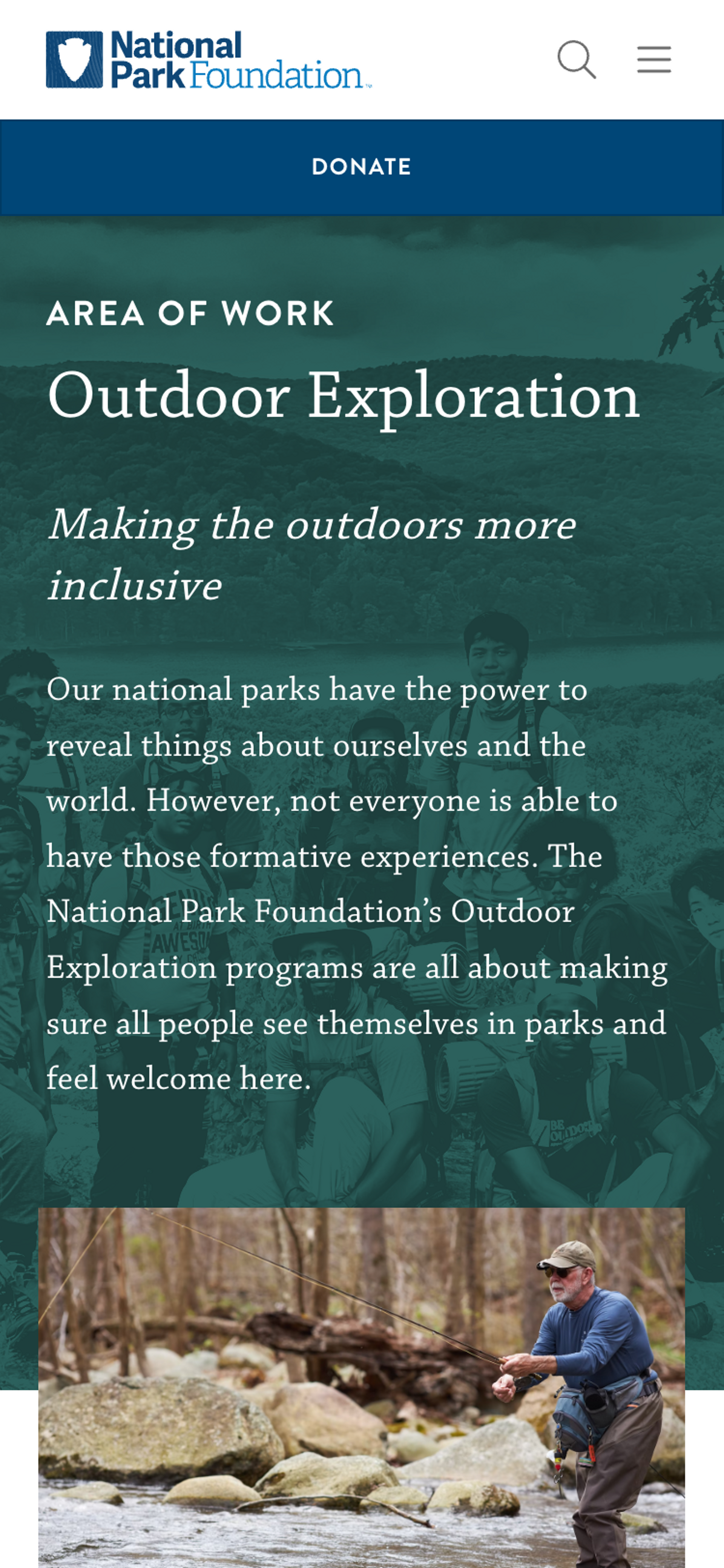 Mobile screenshot of the 'Outdoor Exploration' page of the National Park Foundation website. The header contains the National Park Foundation logo, a search button, and a menu button. A large 'Donate' button sits directly underneath the header. The hero section contains some introduction text and a photograph of a person fishing.