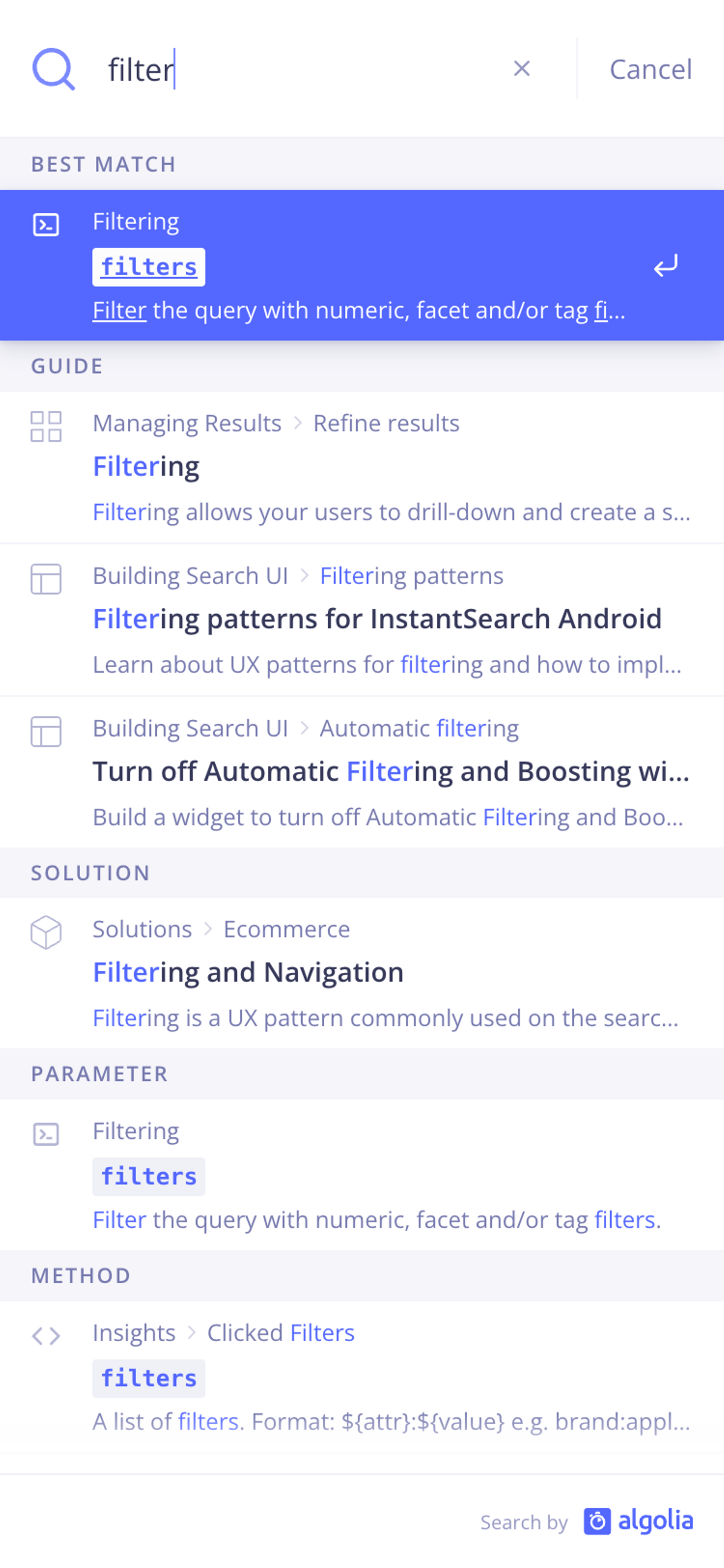 A mobile screenshot of the Algolia documentation search modal. The user has searched for the 'filter' keyword and the results are listed below the search input. The active result is highlighted in blue.