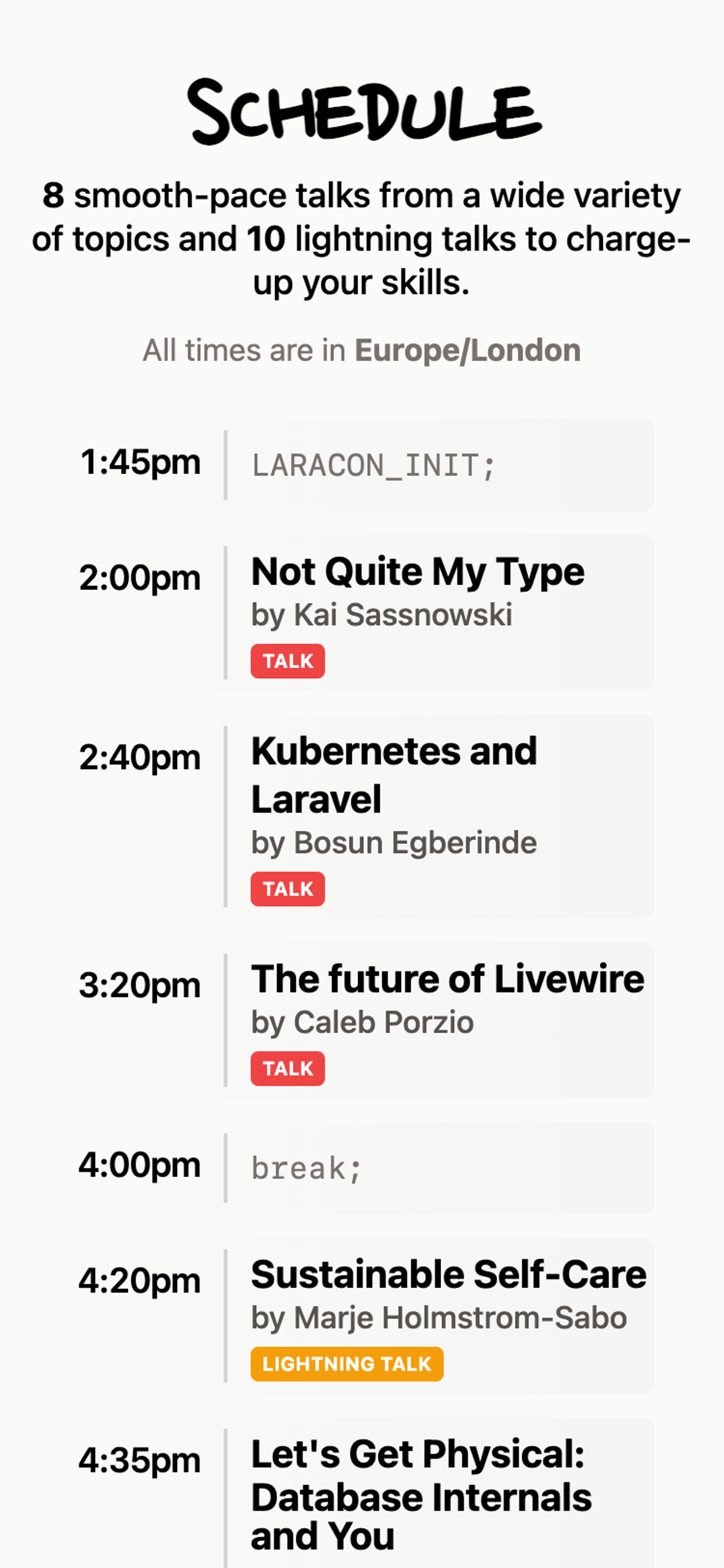 Mobile screenshot of the 'Schedule' section of the Laracon Online website. The conference schedule is listed with start times on the left and titles and speakers on the right.