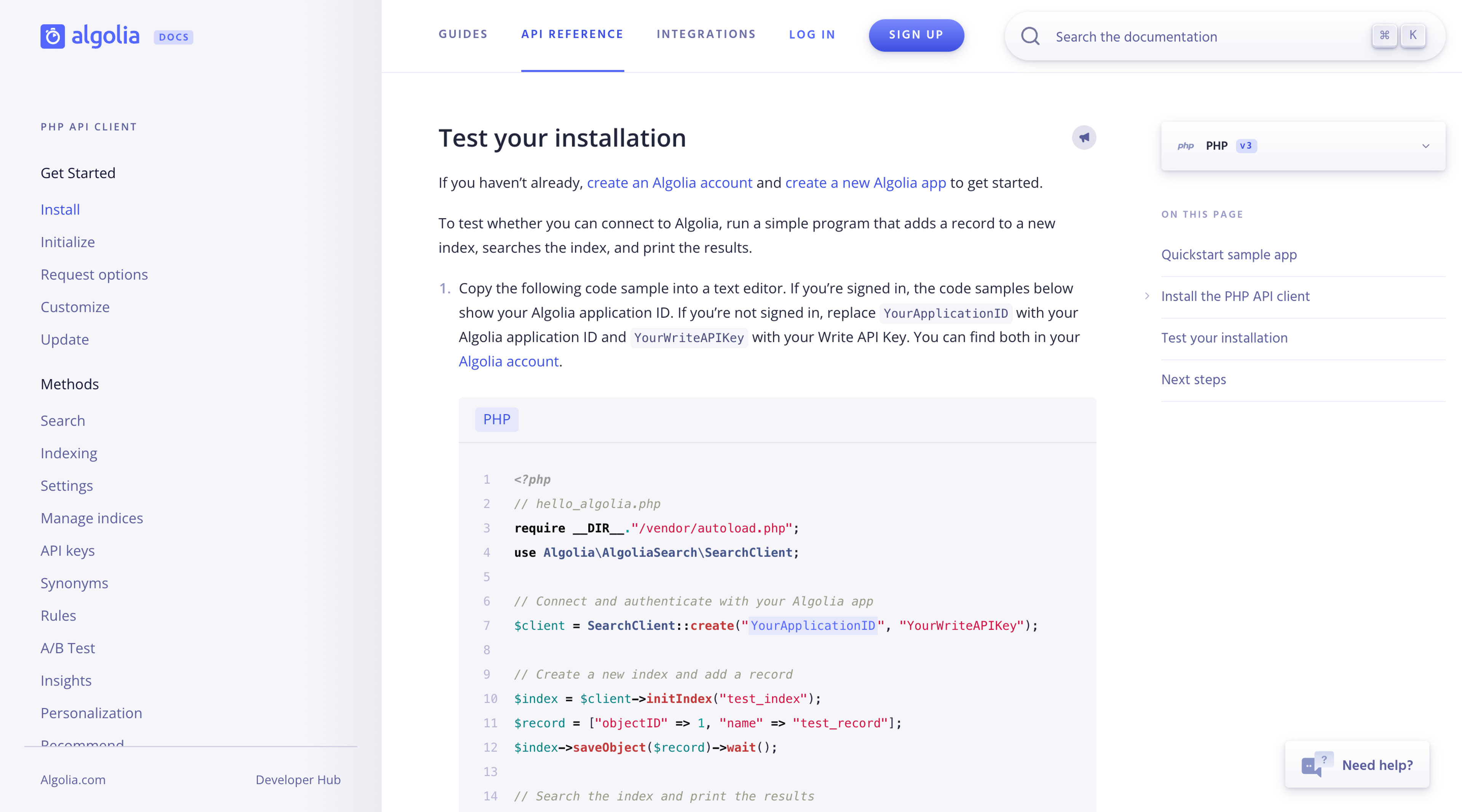 A screenshot of the 'Test your installation' page of the Algolia documentation website. A fixed sidebar lists the various pages within the 'PHP API Client' documentation. An additional sidebar lists the sections of the current page. In the main article a PHP code example is shown following a short introduction.