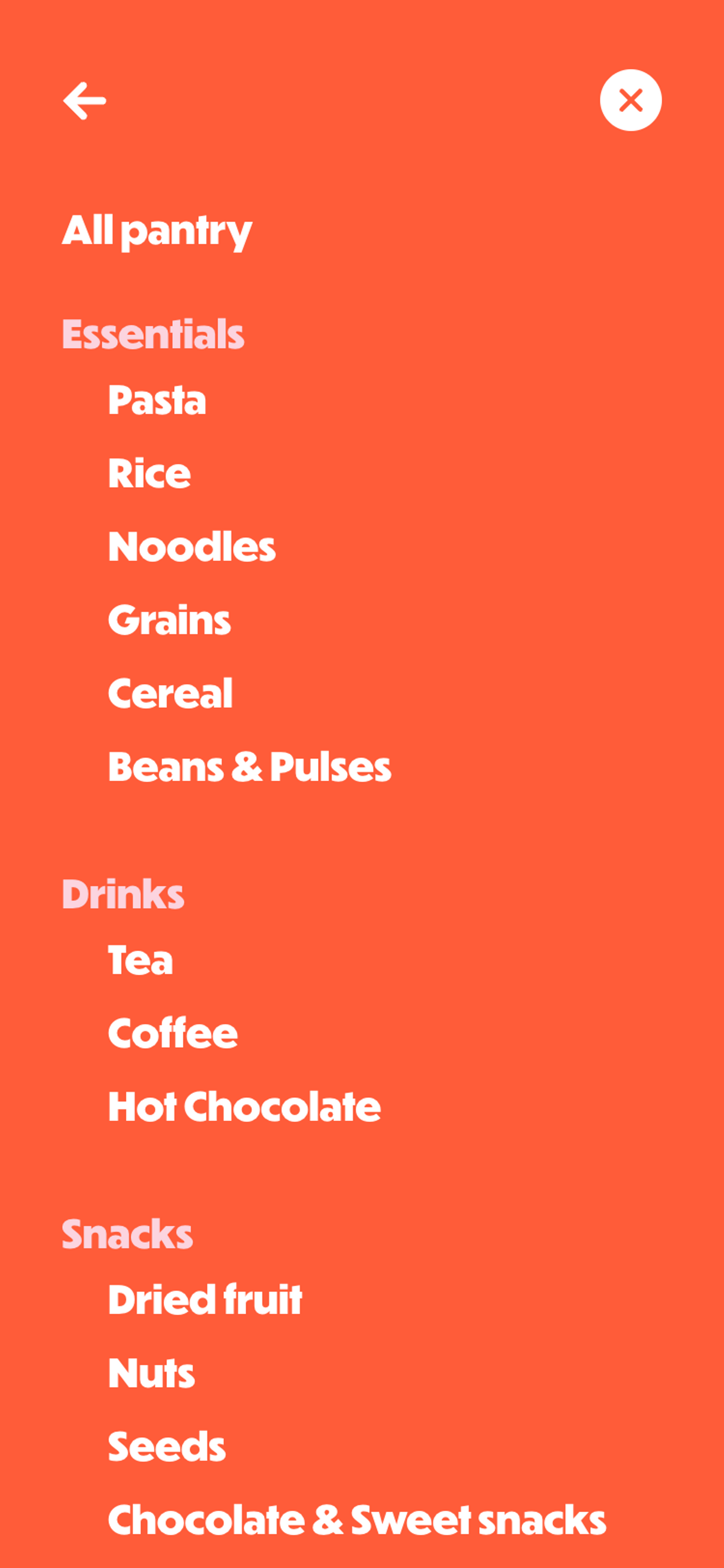 Mobile screenshot of the Dizzie website's main navigation. The navigation overlay covers the whole screen and lists the product types such as 'Noodles' and 'Coffee'. There is a 'back' button and a 'close' button at the top of the screen.