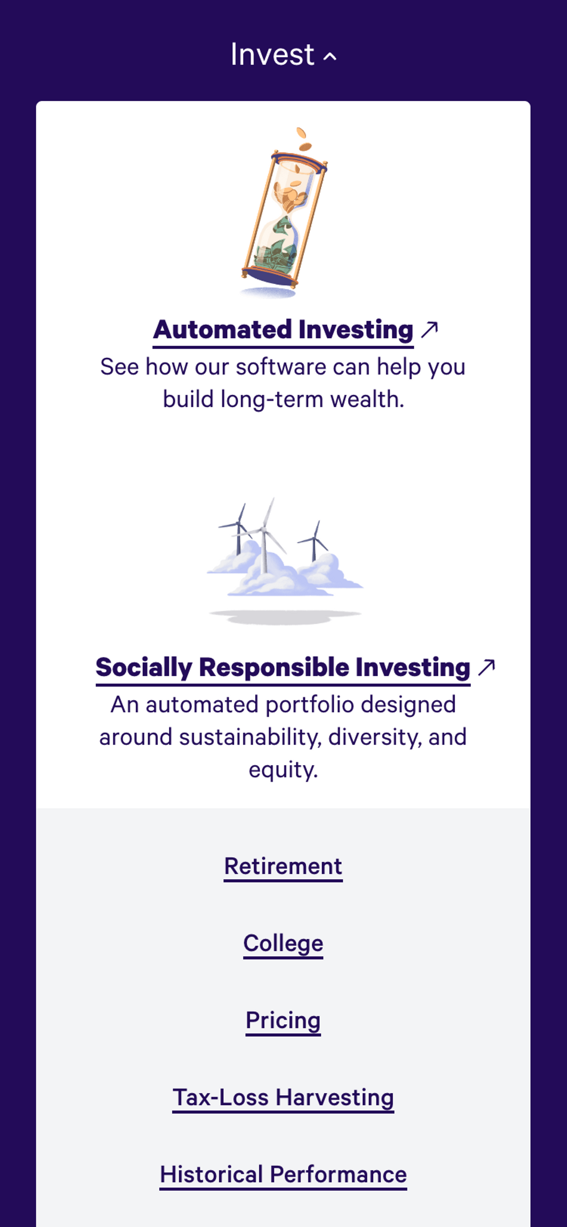 Mobile screenshot of an 'Invest' dropdown on the Wealthfront website. The dropdown lists site page relating to investments. The first two page links are accompanied by detailed illustrations and short descriptions.