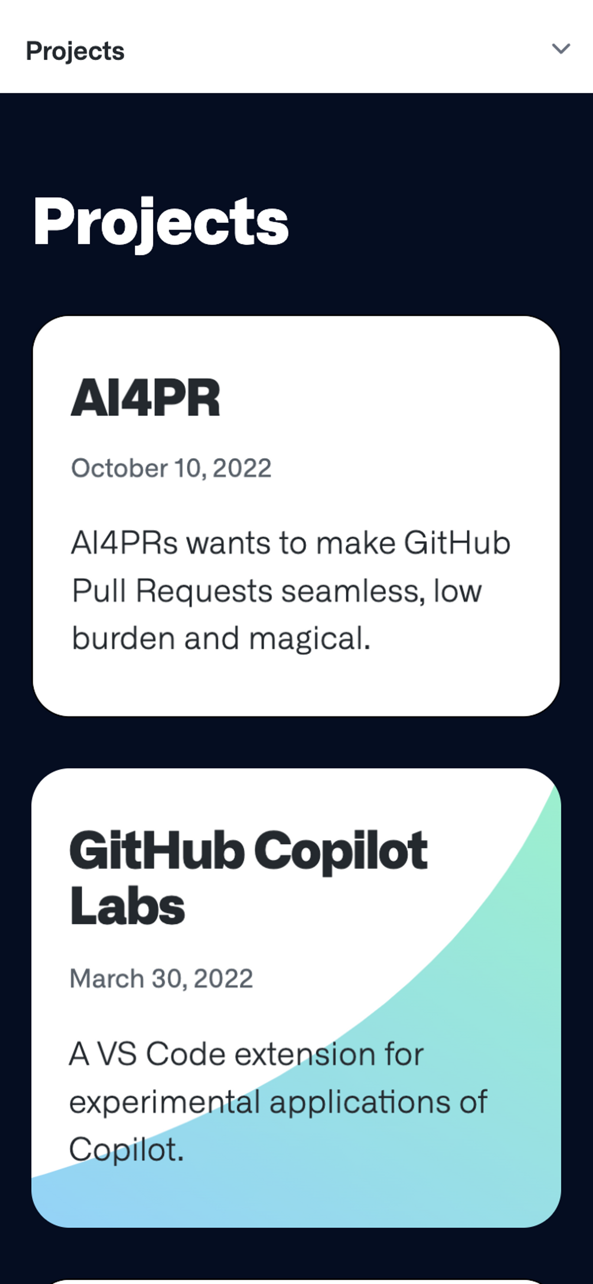 Screenshot of the Projects section of the GitHub Next homepage on a mobile device showing two cards, each containing information about a project.