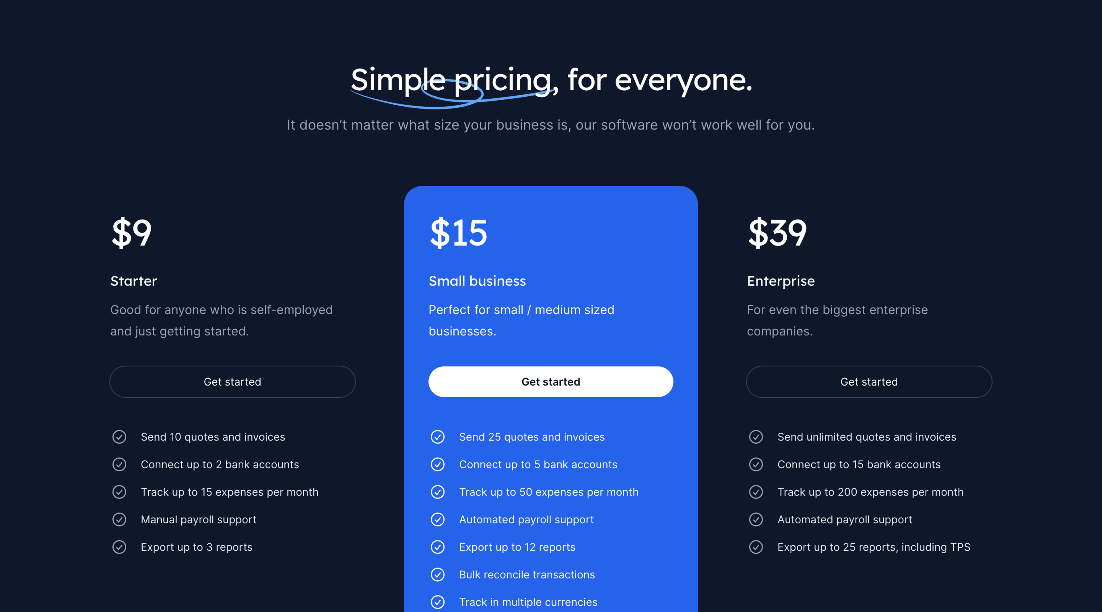 Screenshot of the Salient Tailwind UI template. The visible section contains a centered heading and short introduction paragraph. Below is three pricing plans arranged left to right. Each plan has a price, name, short description, feature list, and 'Get started' button.