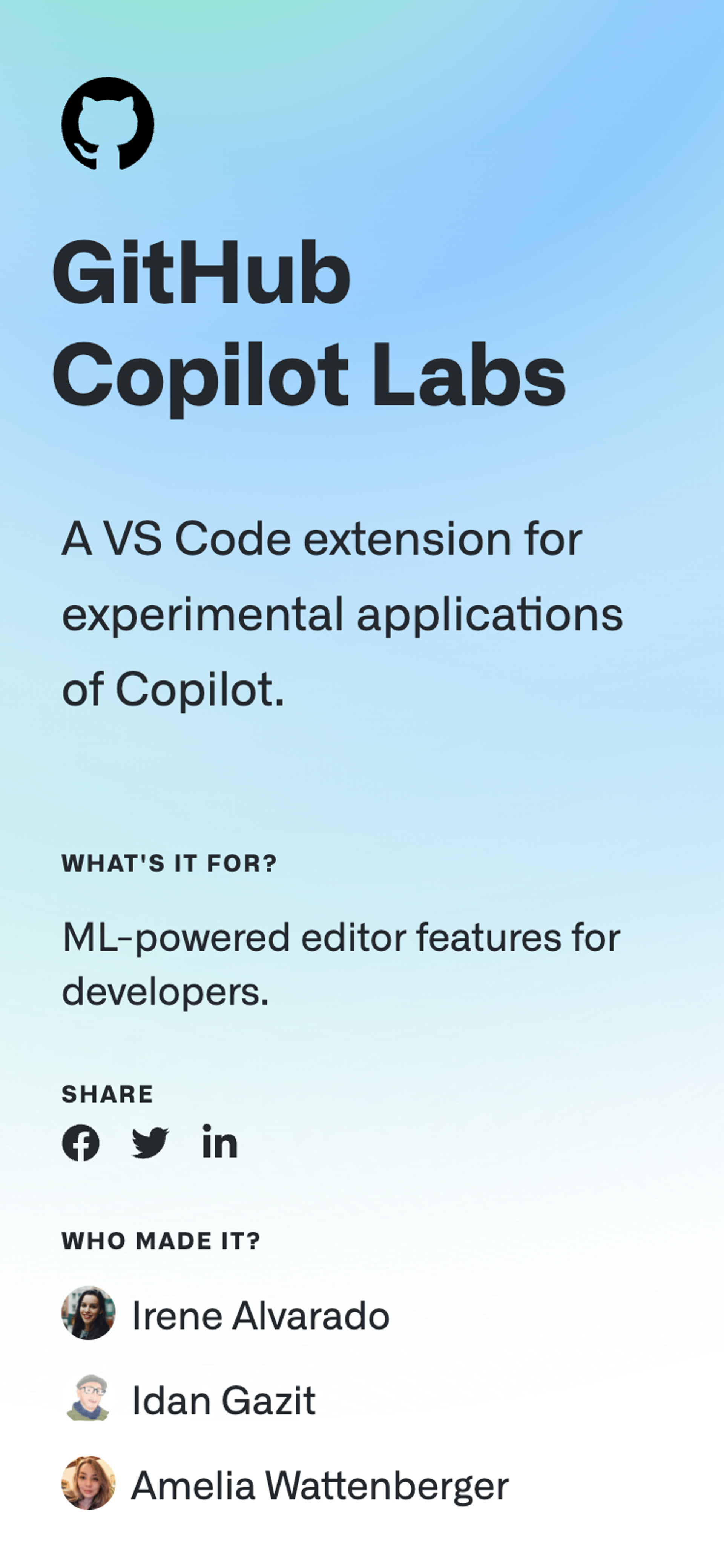 Screenshot of a project page on the GitHub Next website on a mobile device with a headline, introductory paragraph, and some metadata and sharing options below.